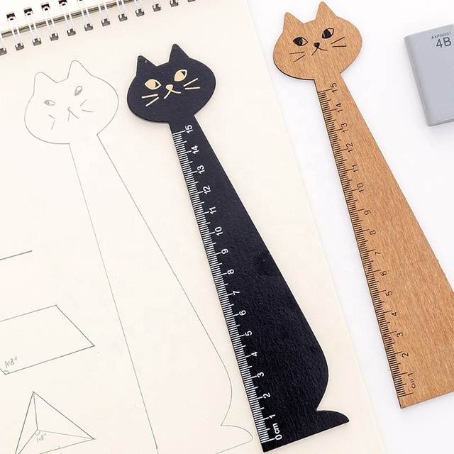 HUA Wholesale Unique Stationery Korean Cute Style Creative Cat Animal Straight Ruler Wood 15cm Student Stationery Diary Tool