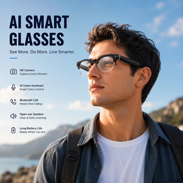 Hot Sale Anti Blue Light AI Smart Glasses 8MP 1200P HD 40Min Video DeepSeek Voice Assistant AI Translation Open Ear Audio ENC