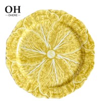 Assiette de présentation en céramique jaune colorée motif chou, assiette de dîner de luxe pour mariage, service de table en porcelaine fine à motif floral en relief pour événements et location
