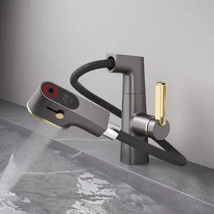 New Modern Gun Cinza e Ouro Digital Display Bacia Torneira Pull-out Torneira Do Banheiro Temperatura Sink Tap Mixer