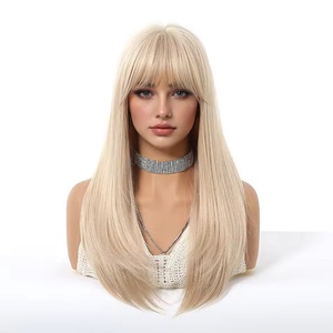 Perruque longue et volumineuse pour femme, style européen et américain, avec frange droite et cheveux superposés, couvrant entièrement la tête, densité 150%, avec bonnet en maille à boutons - Product Image 4