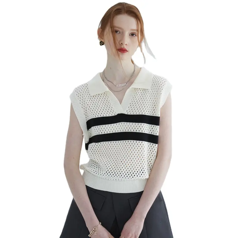 Summer New American Preppy Girl's Hollowed Out Knitted Vest Striped POLO Lapel Sleeveless Ladies Sweater Top