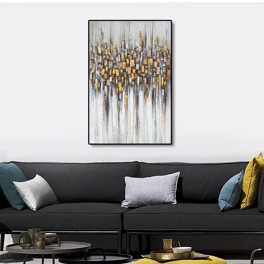 لوحات فنية تجريدية من الأكريليك على قماش الكتان بأشكال أوراق ذهبية رسومات أصلية على شكل زهور لوحات كبيرة بإطار