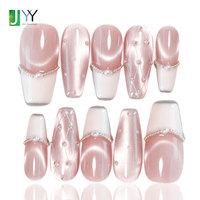 Faux ongles à presser en gel effet œil de chat French Manucure avec chaîne de perles de luxe, en acrylique magnétique velours, faits main 3D, vente en gros et en vrac