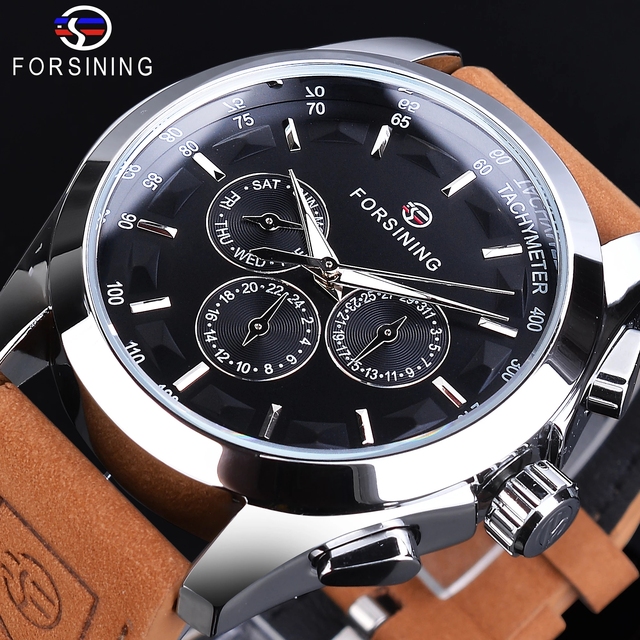 Forsining Men's Multifunctional Automatic Mechanical Watch with Genuine Leather Strap Waterproof Sport Wristwatch Day Display