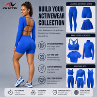 Ensemble de yoga 2 pièces bleu roi sans coutures pour femme, haut court à manches longues et col carré, short cycliste taille haute, logo personnalisé OEM ODM, tenue de sport