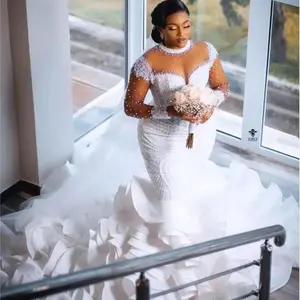 2024 Luxo pesado frisado mangas compridas alta pescoço Plus Size branco marfim africano noiva sereia vestido de casamento com babados