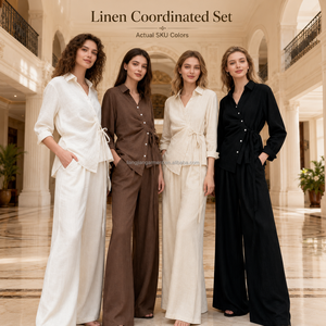 Set Due Pezzi in Misto <span class=keywords><strong>Lino</strong></span> Personalizzato: Camicia Avvolgente a Maniche Lunghe e <span class=keywords><strong>Pantaloni</strong></span> a Vita Alta a Gamba Larga, Elegante Set Casual in <span class=keywords><strong>Lino</strong></span> 100% per <span class=keywords><strong>Donna</strong></span> - Product Image 1