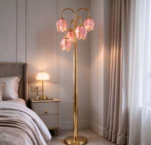 Lampe sur pied de luxe en forme de tulipe, métal doré, abat-jour en verre rose, E26, 180 cm, pour salon, chambre, décoration intérieure - Product Image 1