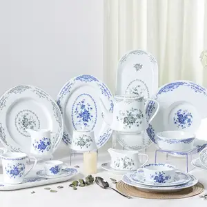 Vente en gros de vaisselle en porcelaine blanche, assiettes de Restaurant, service de vaisselle bleu et blanc, service de vaisselle, vente en gros