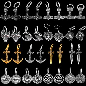 Pendientes Vikingos <span class=keywords><strong>de</strong></span> Acero Inoxidable 316L al por Mayor, con Diseño <span class=keywords><strong>de</strong></span> Mjolnir, Martillo <span class=keywords><strong>de</strong></span> Thor, Lobo, Valknut y Ancla, Resistentes al Deslustre, Listos para Enviar - Product Image 2