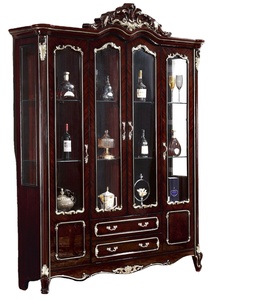 high glossy dark brown color wood french style living room display cabinet antique tall wine cabinet
