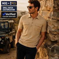 Polo jacquard à manches courtes pour homme, en polyester, multi-poches, col contrastant, décontracté, pour l'été