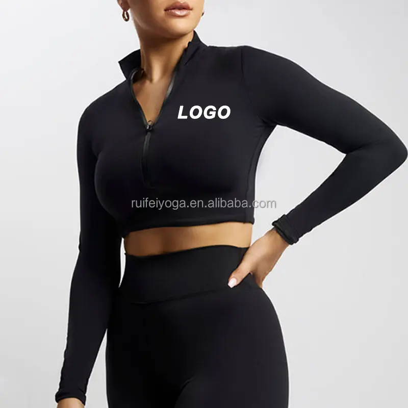 New Arrival Custom Logo Fitness Yoga apparel Sports Women Cropped Half Zip Crop Pullover Long Sleeves Zip Up soft black Crop Top