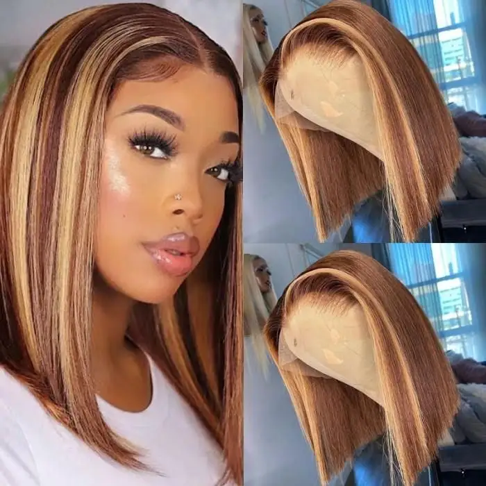 12A Raw Indian Cuticle Aligned Lace Front Grey 1B Honey Blonde Bone Straight Weave Hair Short Wig With Highlights