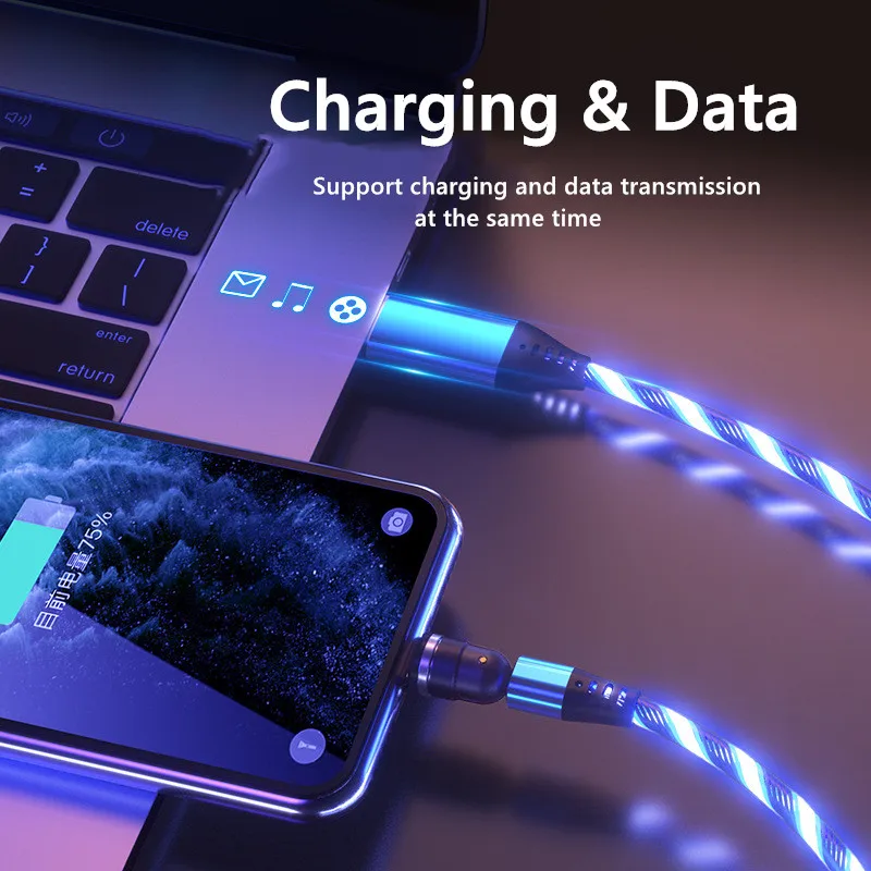 New Arrival 540 degree rotation 3 in1 fast charger cable led luminous flowing USB magnetic charging data cable for phone