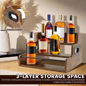 Three-tier solid wood wine rack storage rack, retro-style <b>desktop</b> <b>shelf</b>, multi-functional condiment display rack - Product Image 2