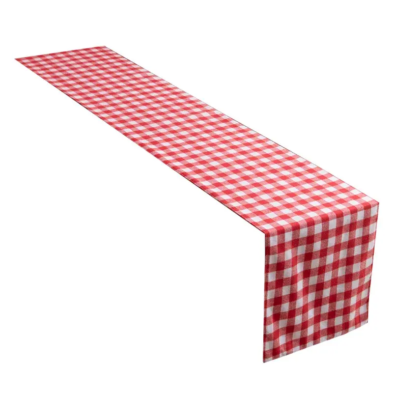 רץ שולחן פשוט פוליאסטר שולחן דגל קישוטי פסטיבל מפת שולחן למסיבת חתונה משפחה עם דפוס משובץ אדום
