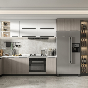 Meubles de villa, armoires de cuisine modulaires modernes en laque blanche personnalisées, peintes en gris et blanc, style lignes simples - Product Image 4