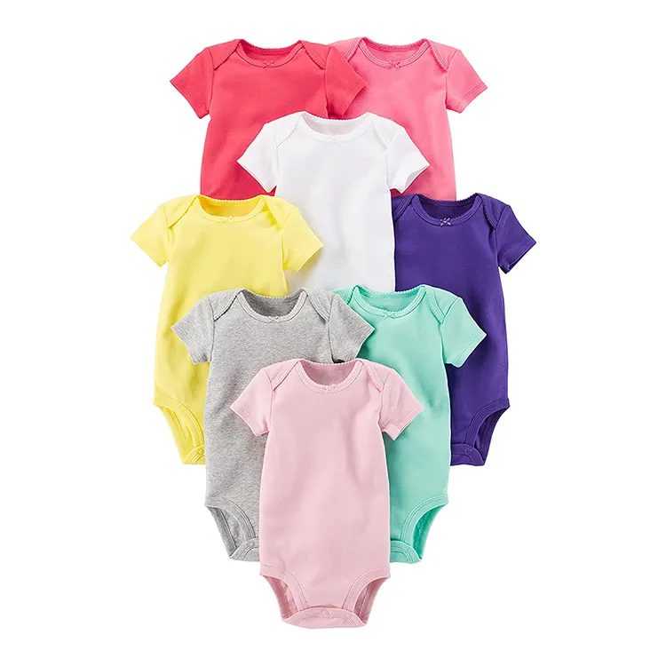 En gros Blanc D'été Nouveau-Né Bébé Fille Garçon Vêtements 100% coton Couture Couleur Uni Manches Courtes Body