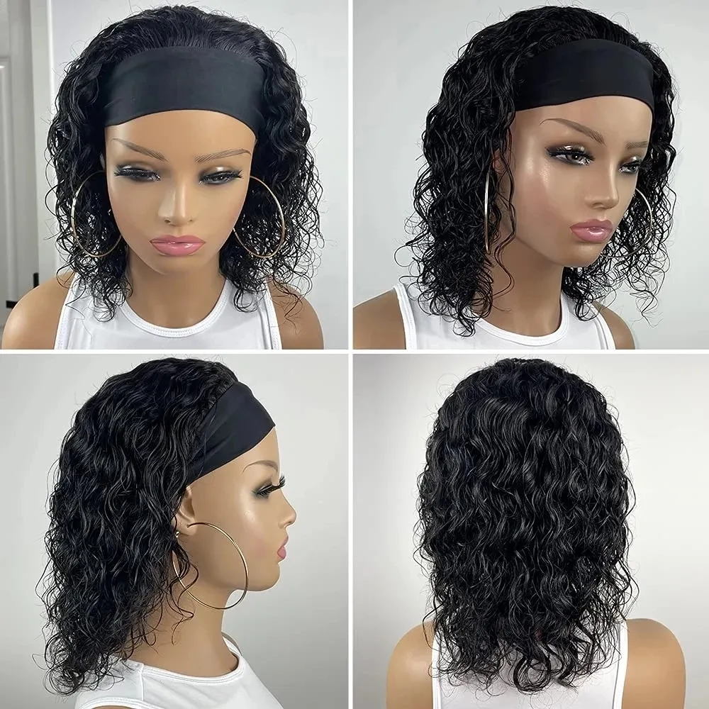 Wisdom Headband Wigs for Black Women Synthetic Water Wave Curly Wig Glueless Half Wig with Headbands Attached Natural for Daily