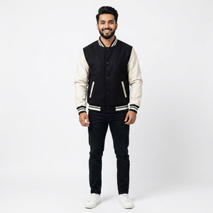 Veste de baseball à manches longues de haute qualité, couleur unie noir et blanc, avec logo personnalisé, poche, veste pour homme, patchwork - Product Image 1