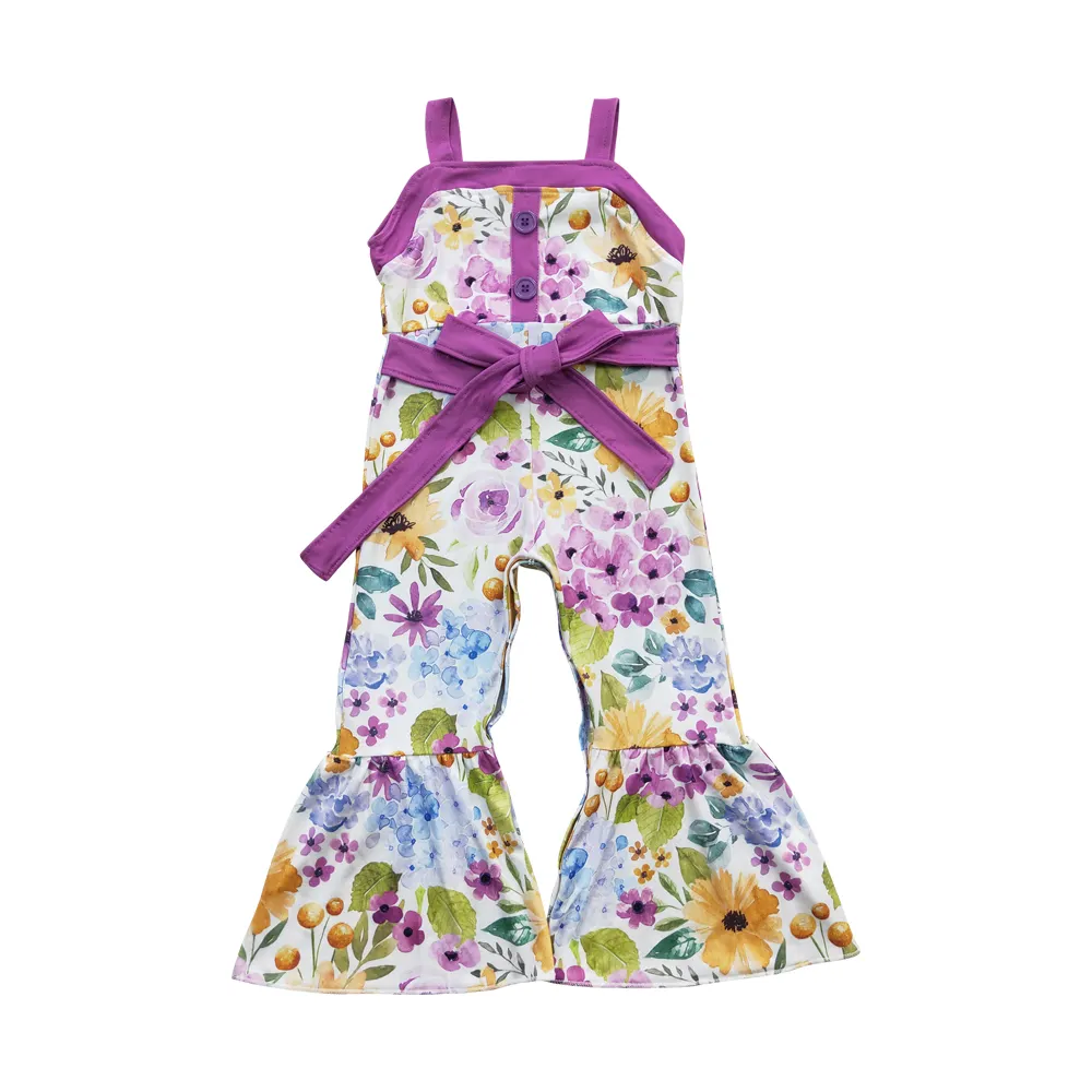 factory price infant girls clothes high quality Flower printed button purple bow waistband sleeveless bell bottom jumpsuit