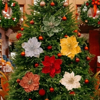 Fleurs de magnolia scintillantes de Noël, décorations artificielles pour sapin de Noël, taille moyenne 9-12 pouces, finition poudre dorée, style européen et américain