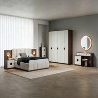 Ensemble complet de meubles de chambre à coucher de luxe en bois, lit king size, cadre en bois, rangement intégré, éclairage LED, style moderne et simple