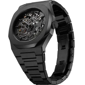 OEM chaîne en acier inoxydable couleur noire montre-bracelet squelette automatique logo personnalisé hommes montres mécaniques hommes poignet