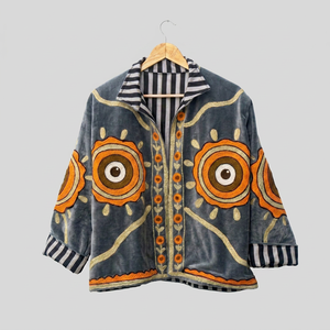 Chaqueta Boho de Terciopelo Bordada para Mujer, Hecha a Mano, con Motivo Solar, Cuello a Rayas, Moda Otoño/Invierno, Venta al Por Mayor - Product Image 1
