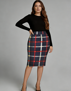 Falda lápiz a cuadros para mujer, cintura natural, ajustada, hasta la rodilla, para oficina, informal, de verano, lavable y elástica - Product Image 1