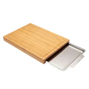 Papan potong bambu besar untuk dapur, papan potong bambu ramah lingkungan dengan nampan Stainless Steel untuk persiapan makanan