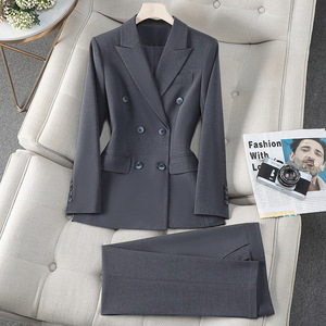 Women's Suit Set Double Breasted Jacket Pants Formal Office Wear Spring Autumn Anti-Wrinkle Worsted Full Sleeve Notched Collar - Product Image 1