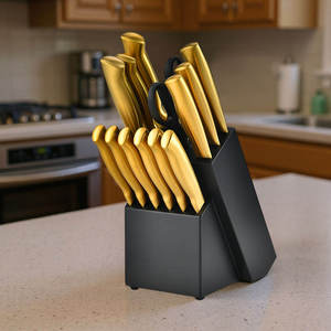High Hardness Household Luxury Cooking Gold Titanium Coated Stainless Steel Kitchen <b>Knife</b> <b>Set</b> with Black Block - Product Image 2