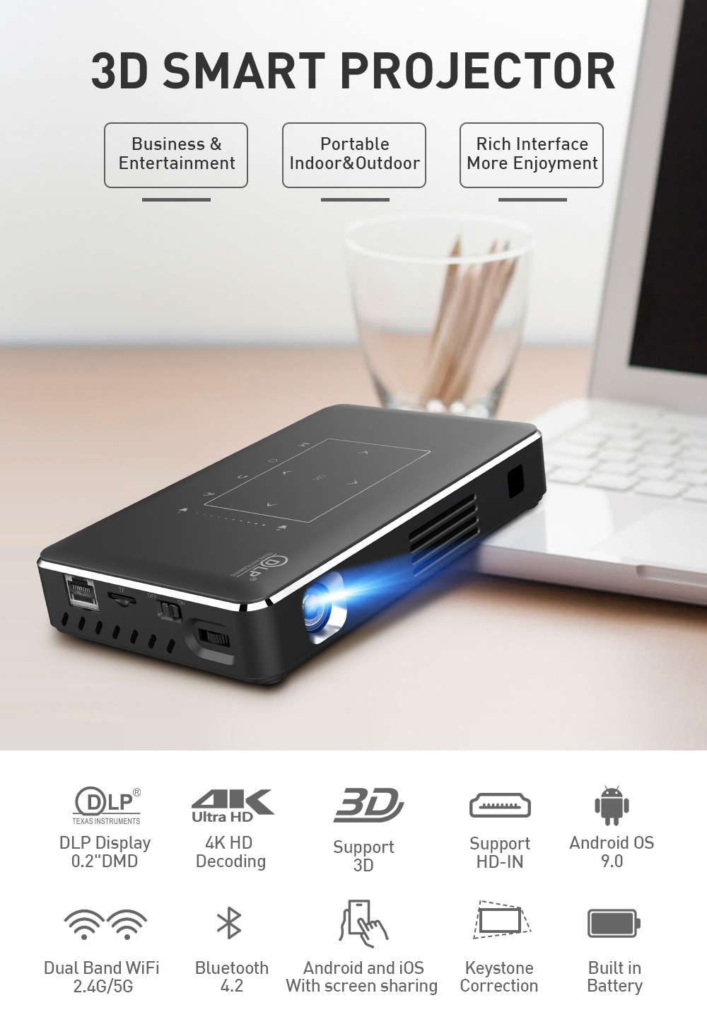 [YIDAHAI P10]150 ANSI LUMENS LED+DLP smart Android 9 Video 4K Digital hd portable Mobile home theater ai smart Projector
