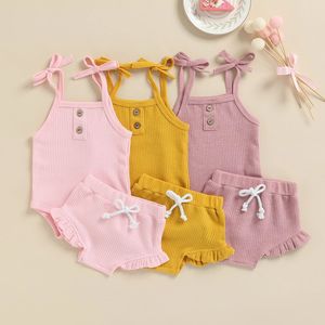 Ensemble côtelé en coton pour bébé d'été, 100% coton, barboteuse à manches courtes pour tout-petit, ensembles de robes pour bébé fille, ensembles de vêtements d'été pour bébé fille - Product Image 4