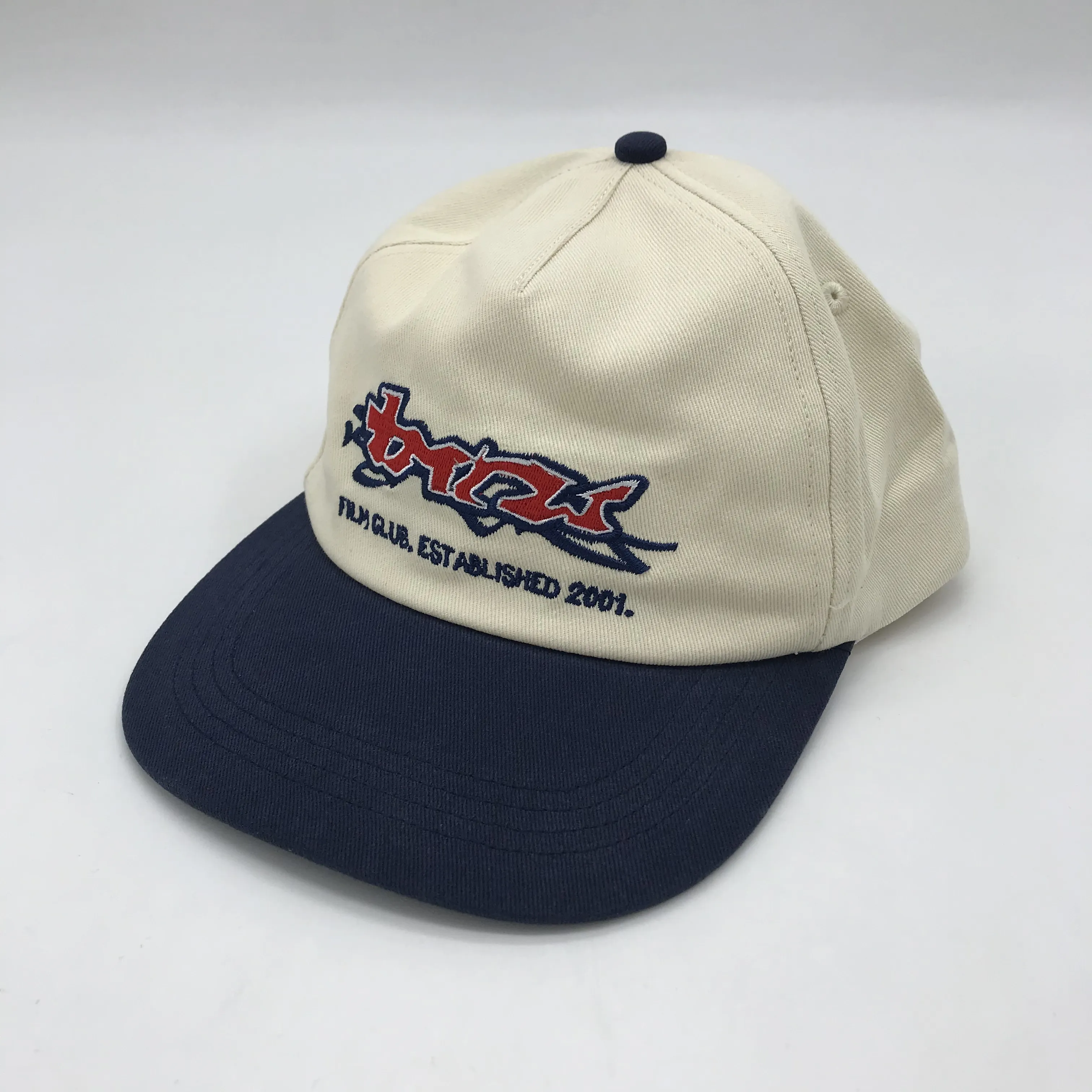 Cotton twill 5 panels unstructured embroidered logo snapback cap unstructured slight curved brim custom low profile hat caps