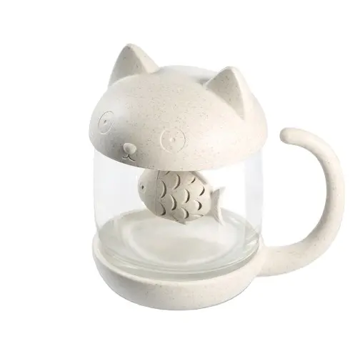 Xícara de chá portátil para escritório doméstico com filtro infusor de peixe, utensílios de vidro em forma de gato para uso na cozinha, material PP e vidro