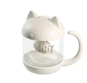 Tasse à thé portable pour bureau à domicile avec passoire à infuseur de poisson Verrerie en forme de chat pour une utilisation en cuisine PP et en verre