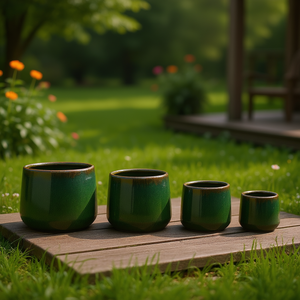 Juego de Macetas de Cerámica Verde Antiguo Mdj, 4 Piezas, Redondas, para Jardín Interior y Exterior, Estilo Americano, Diseño Moderno - Product Image 2