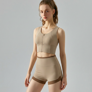 Wholesale Women Front Zip Wide Strap Racerback Yoga <b>Crop</b> Tanks Medium <b>Support</b> Padded Sports Bras Gym Pilates Fitness <b>Crop</b> <b>Top</b> - Product Image 2