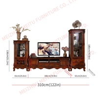 Meuble TV en bois massif sculpté à la main avec finition cerisier, porte-bouteilles, portes vitrées et tiroirs - Centre de divertissement classique pour grandes pièces