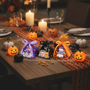 Boîte à bonbons triangulaire pour fête <span class=keywords><strong>de</strong></span> Halloween, boîte à friandises en papier recyclable avec ruban, thème Halloween, design citrouille et fantôme, boîte cadeau - Product Image 5