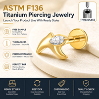 JiaXin ASTM-F136 G23 Titanio Push Pin Sin Rosca para Labret, Medusa, Forward Helix, Lobe, Flor, Circonita Cúbica, Joyería Corporal 16G
