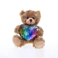 Ours en peluche marron mocha de 6 pouces, tenant un cœur à sequins réversibles rose, arc-en-ciel et rouge, ornement souvenir câlin