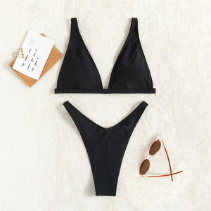 Bikini Nero Due Pezzi Perizoma a Laccetti a V da Donna Tinta Unita Sexy Micro Bikini - Product Image 4