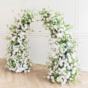 HK-HOA013 Ensemble d'arche de mariage en forme de corne, avec fleurs artificielles, verdure et roses, pour décoration de toile de fond en soie - Product Image 1