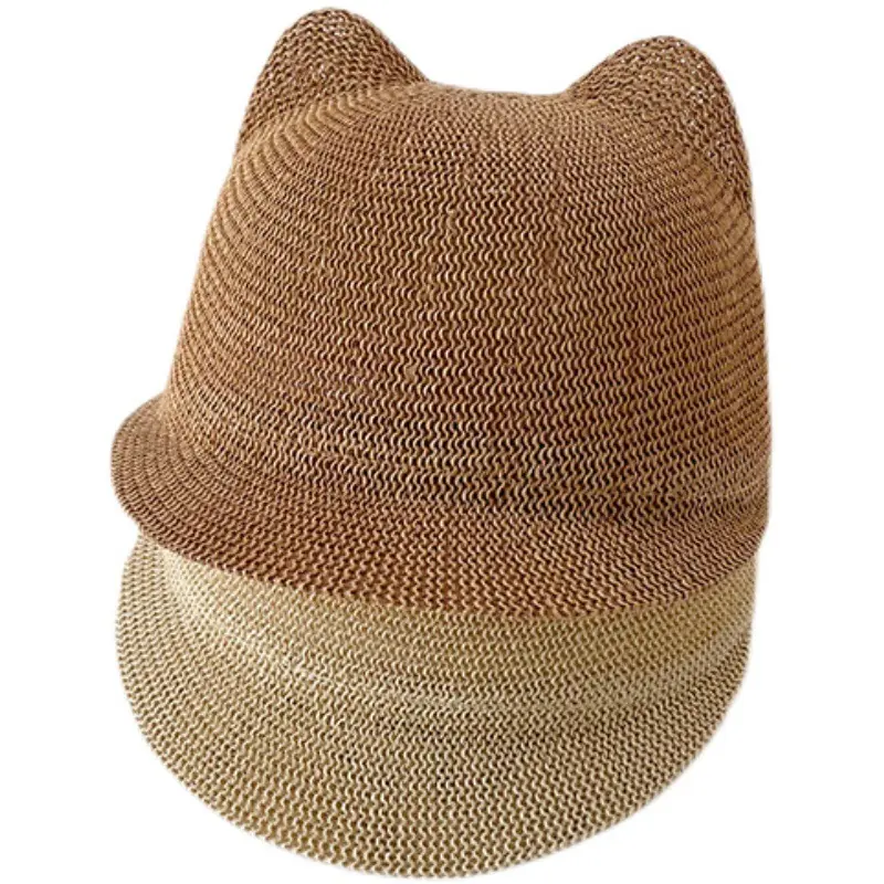 Kids Anti-UV Straw Sun Hat Cat Ear Summer Hats for Girl Boys Bucket