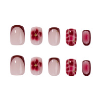 Faux ongles carrés courts à presser, motif floral rouge French Manucure, réutilisables pour femmes